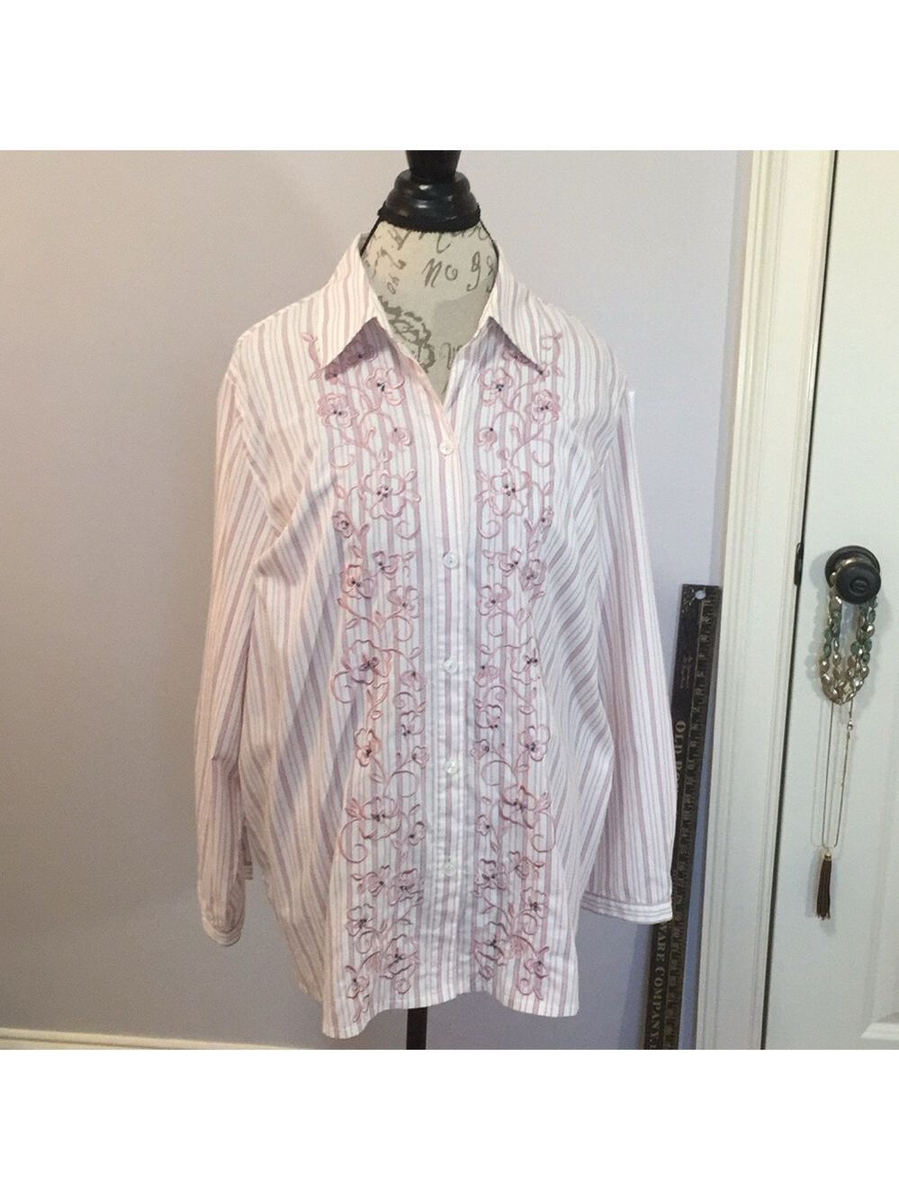 Napa Valley Striped Pink and White Embroidered Shirt 1X